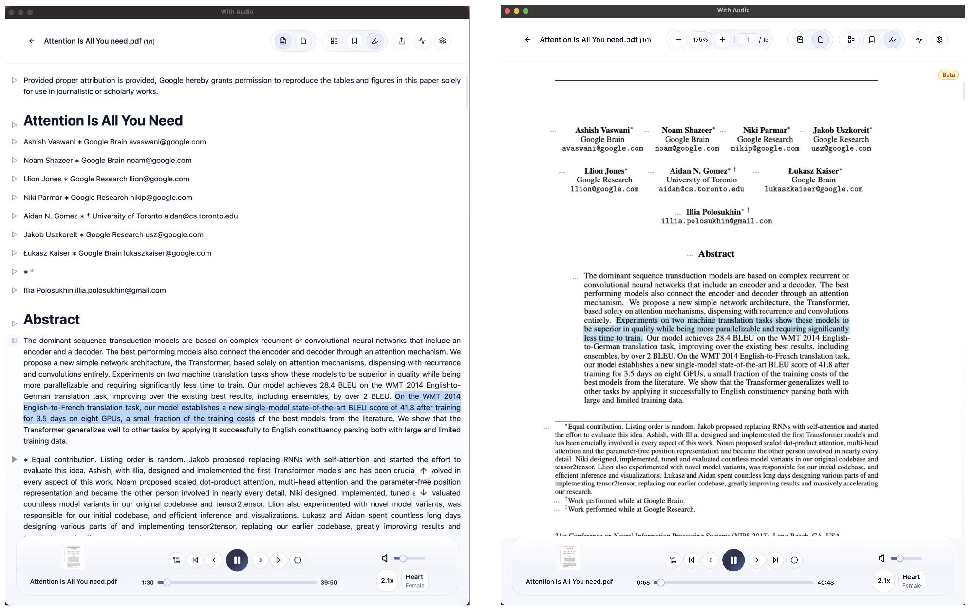 Comparison of Markdown reading view versus native PDF view with synchronized highlighting